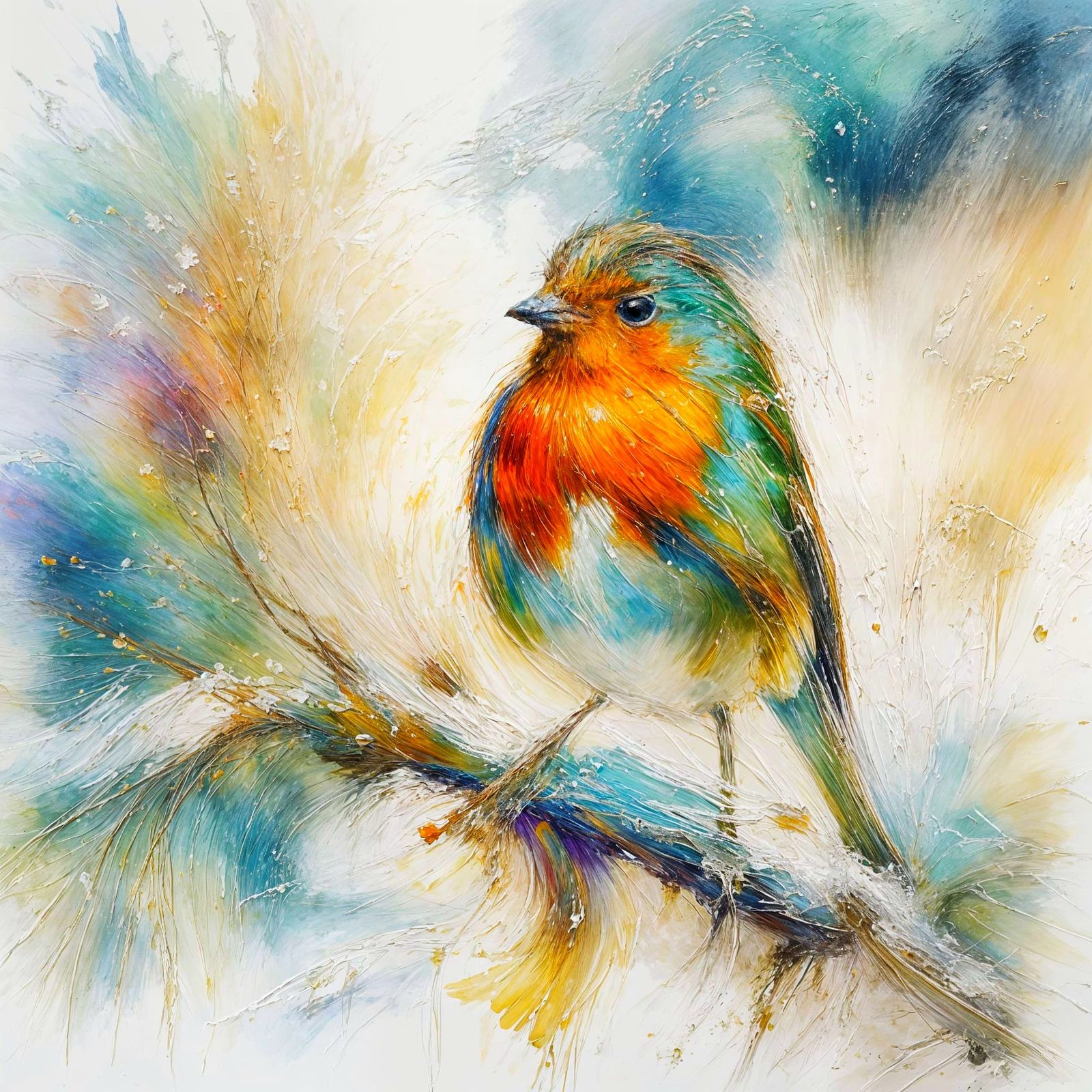 Tiny Robin Shelters From Snowstorm on Branch