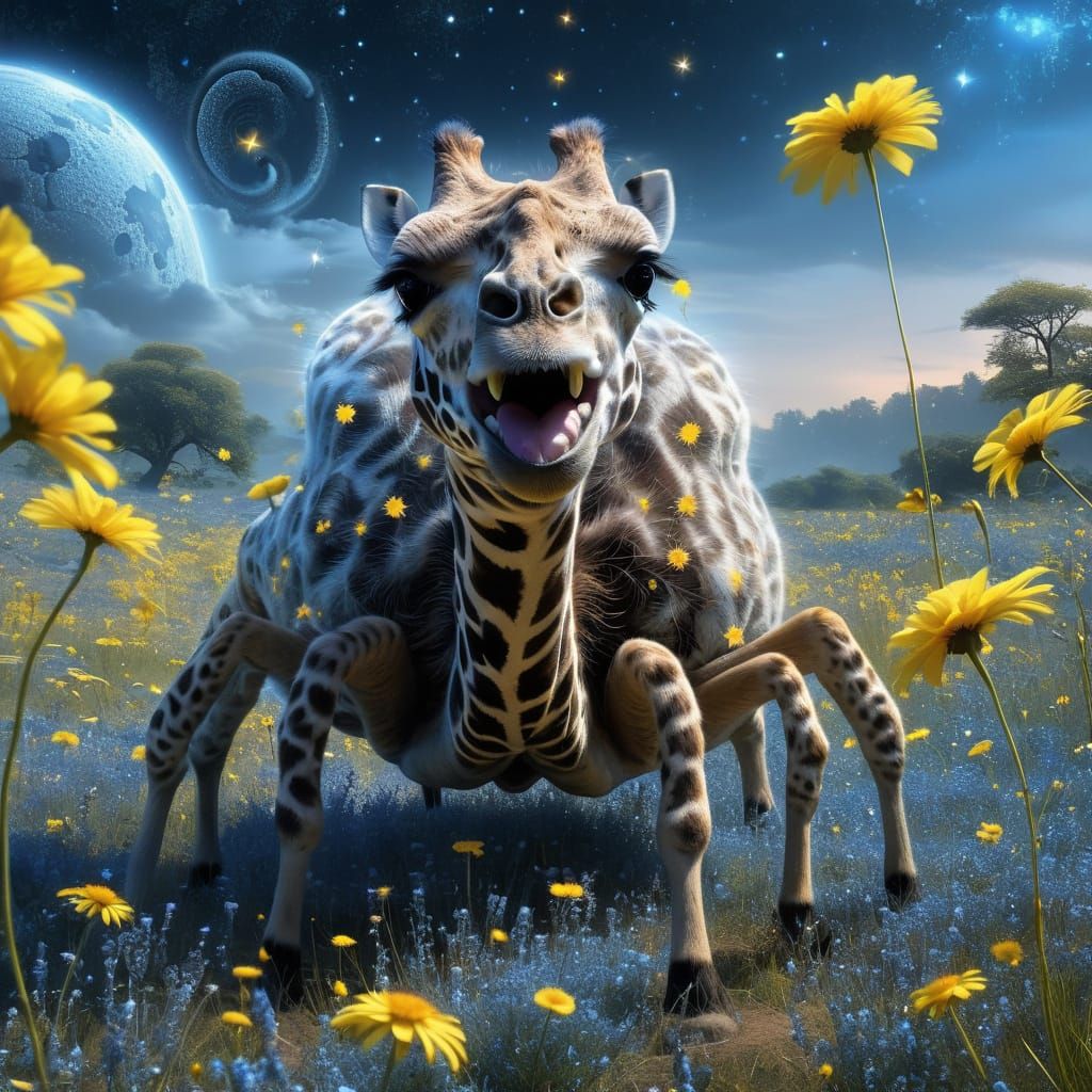 Fantastical Blue Meadow Giraffe with Spider Legs
