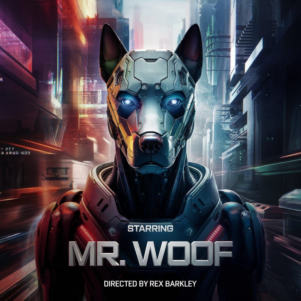 Robotic Dog Detective Movie Poster: Futuristic Cityscape