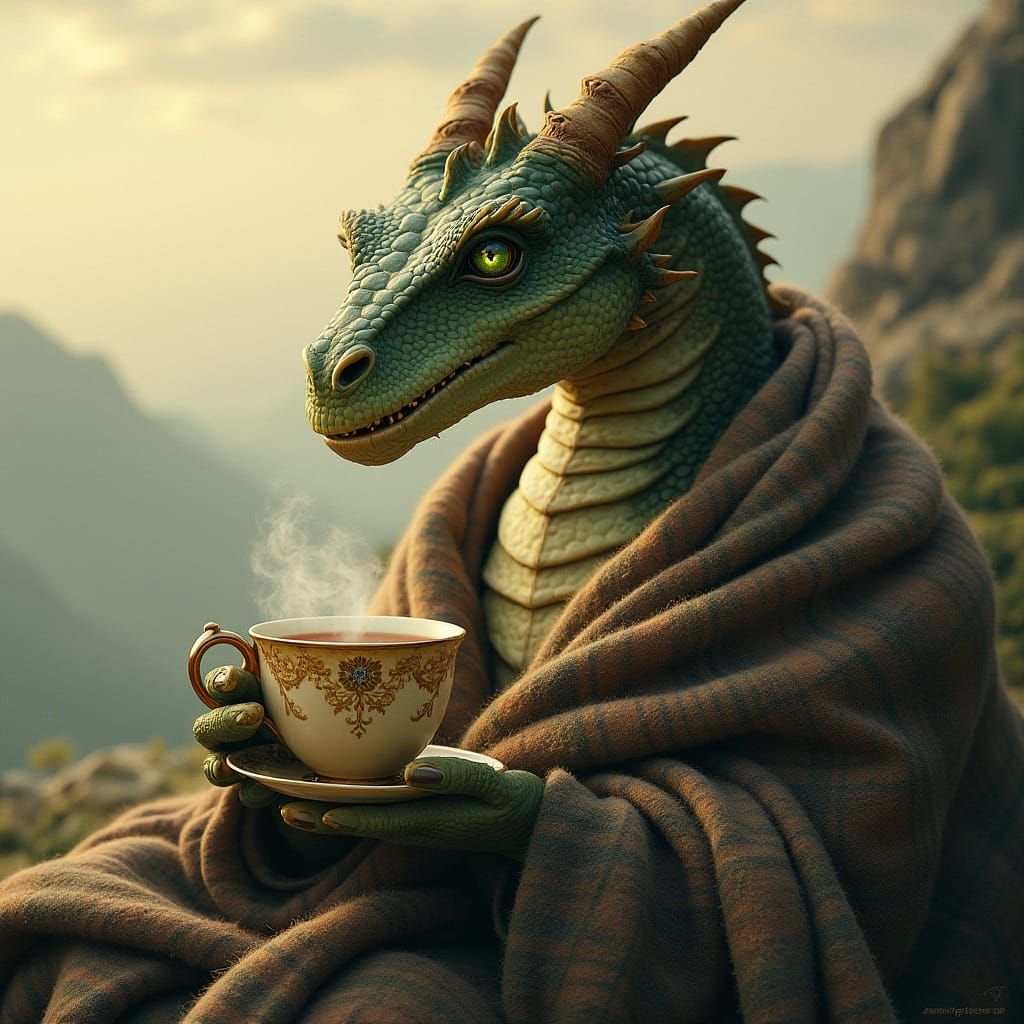 Dragon Sips Tea in Whimsical Mountain Lair