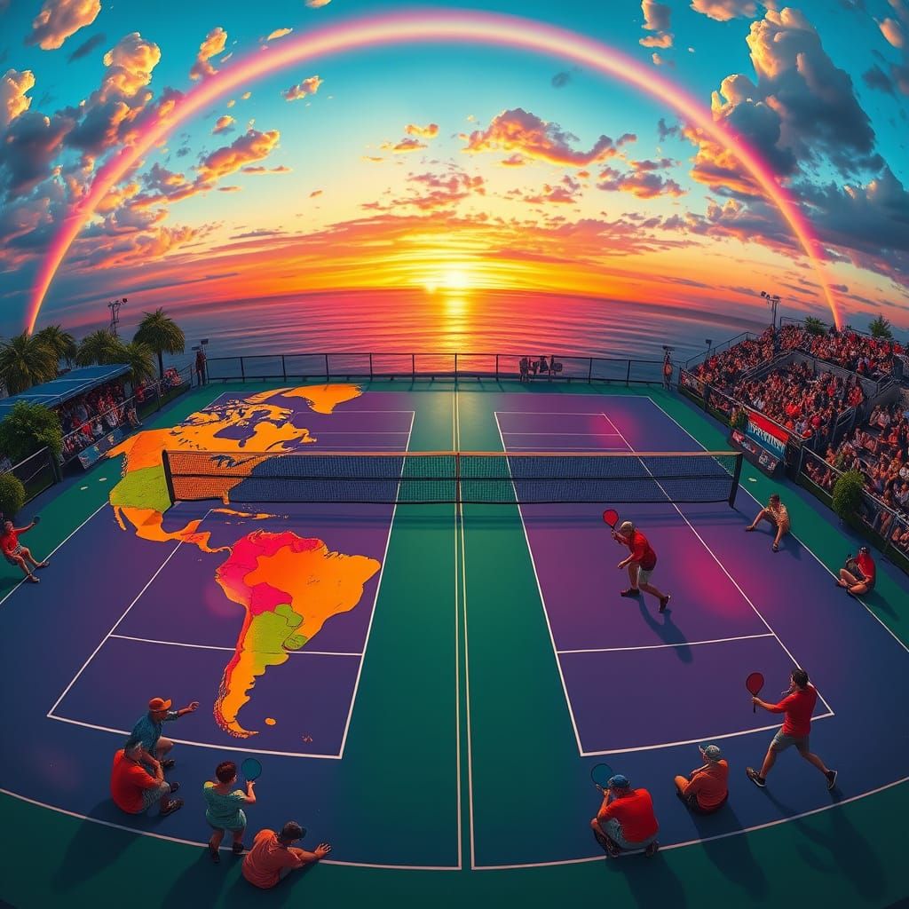 Pickleball Match Across Continents at Sunset