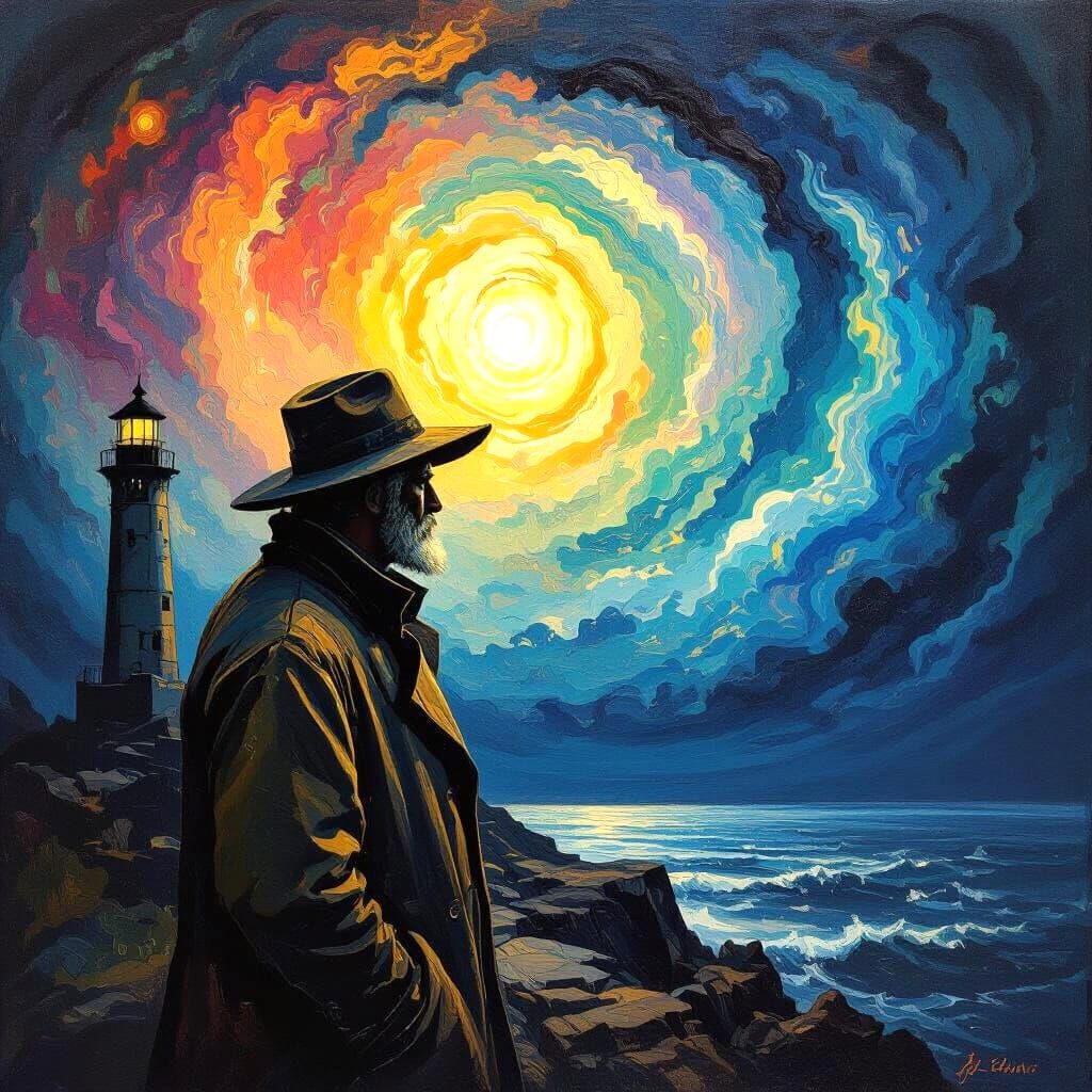 Lighthouse Keeper Amidst Cosmic Nebula in Impressionist Styl...