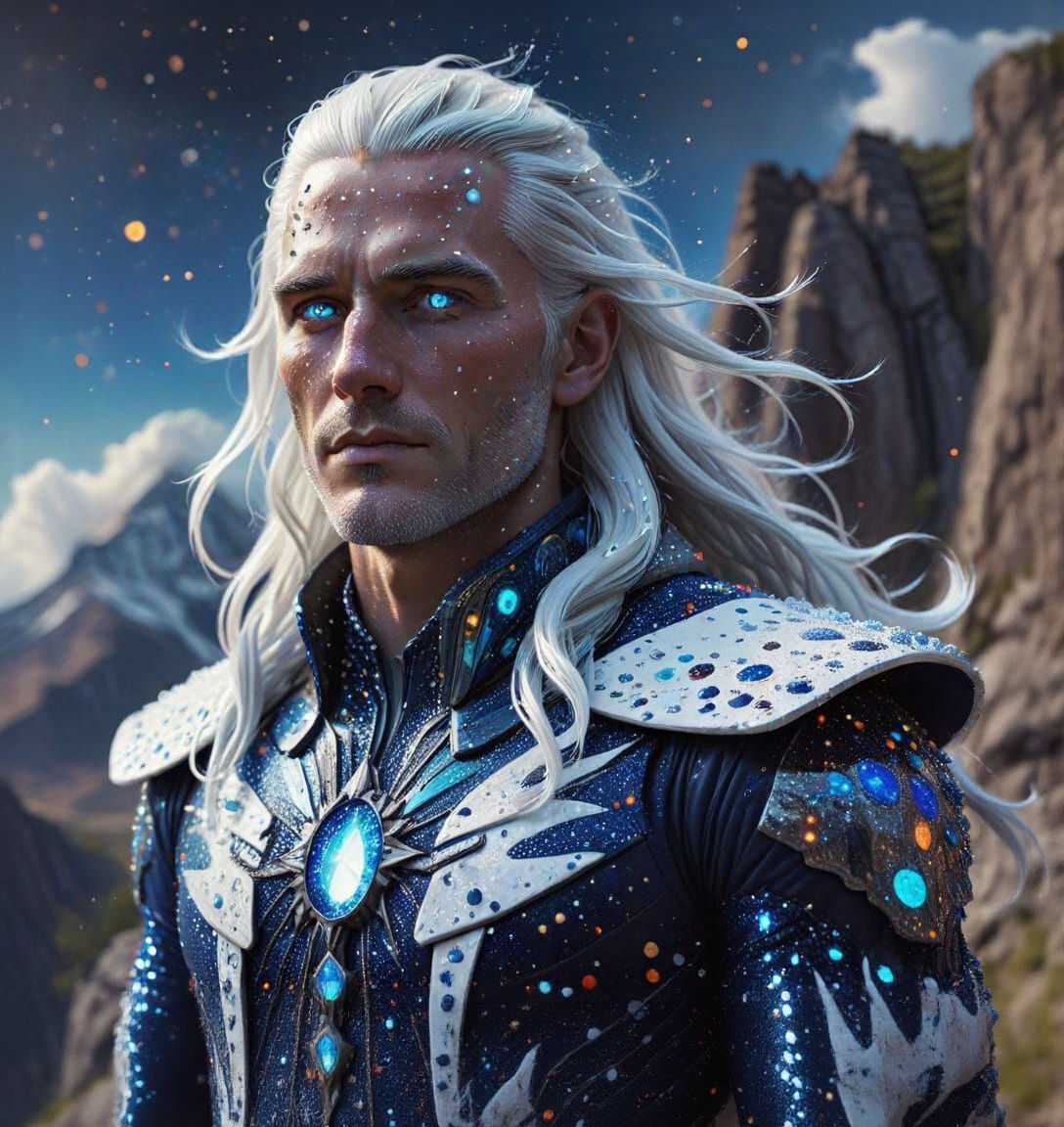 Cosmic Being on a Mountain, Hyperrealistic Splash Art