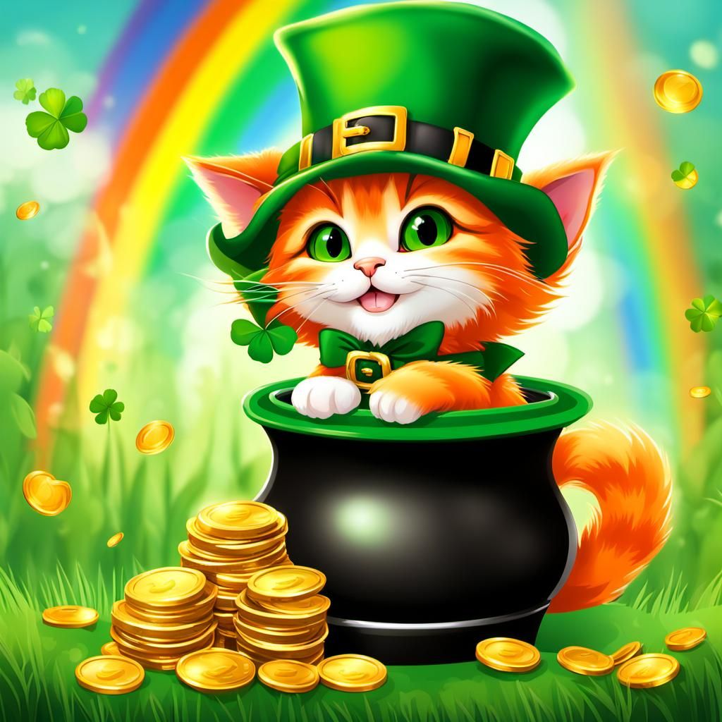 Leprechaun Kitten on Pot of Gold, 3D Rendered