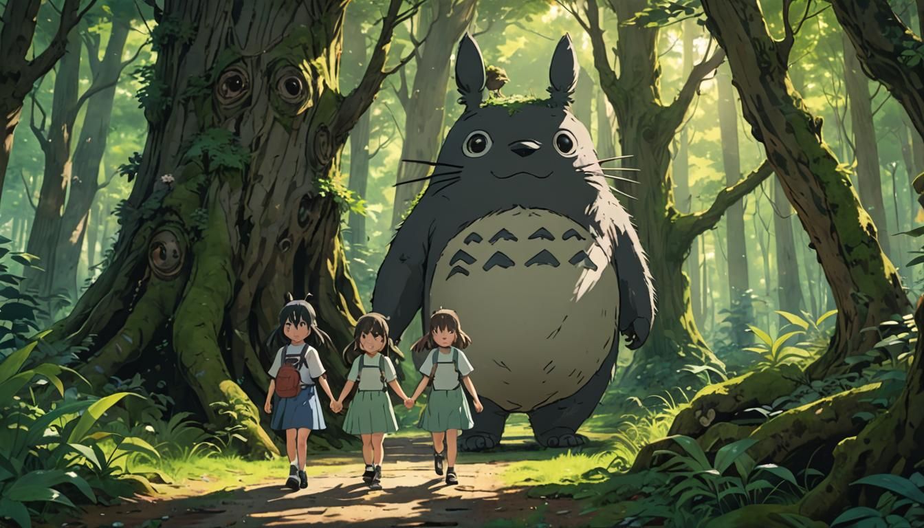 Sisters Discover Totoro in Lush Forest: 3D Anime Art