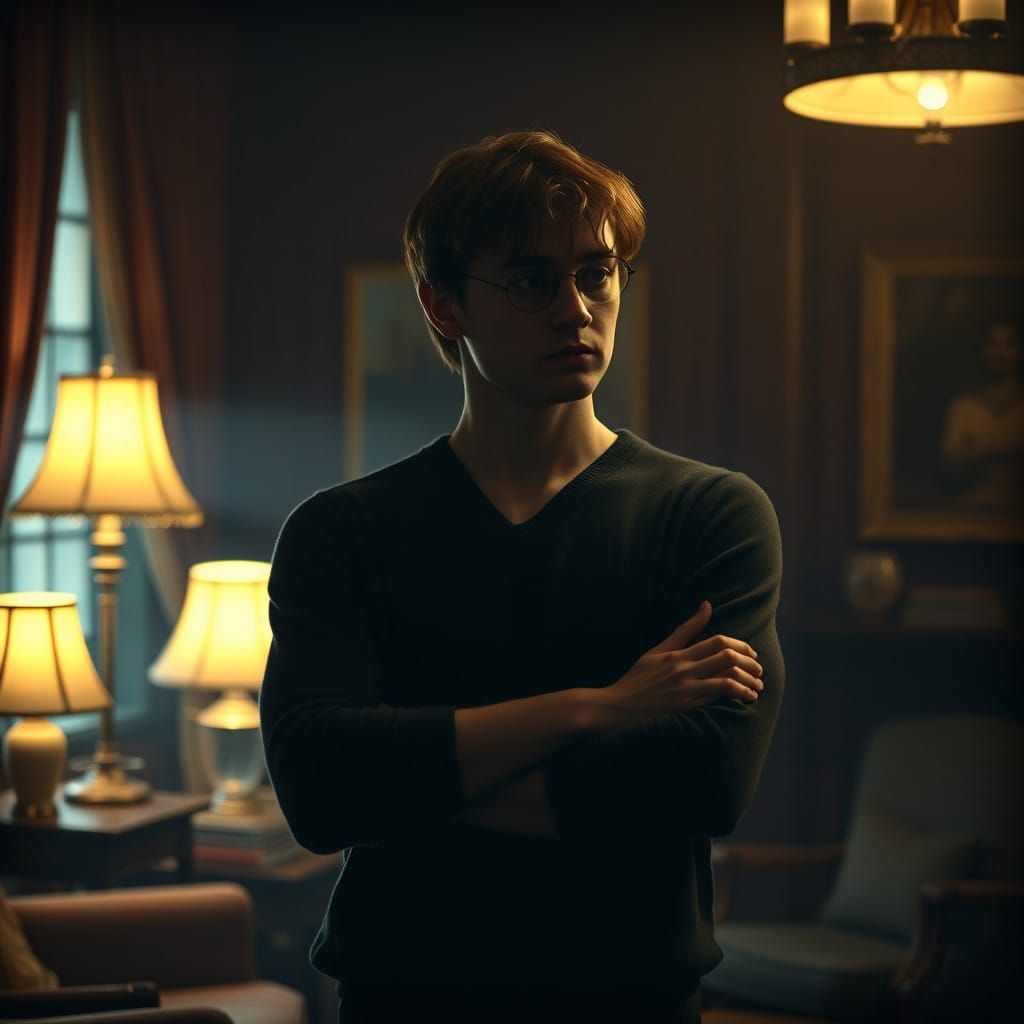 Sombre Young Hero in Vintage Living Room