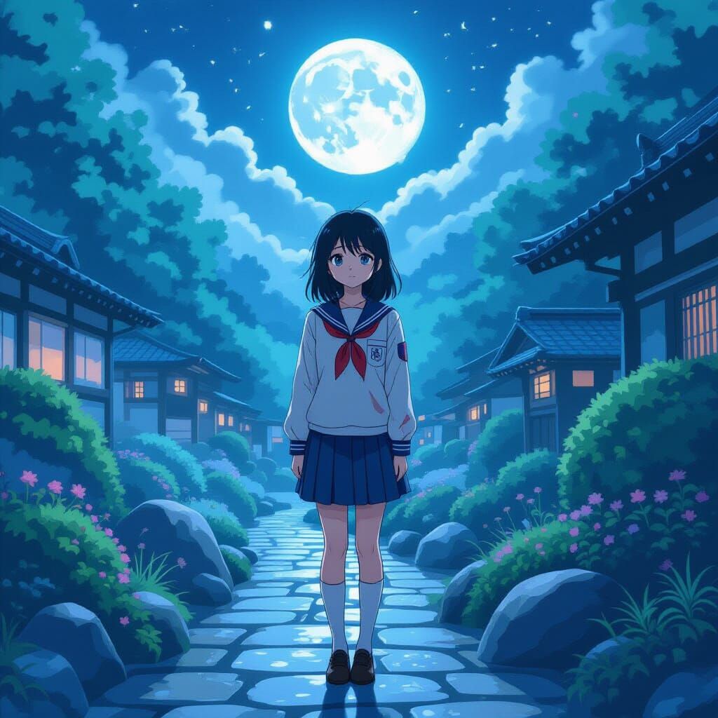 Distressed Anime Girl in Moonlit Japanese Garden