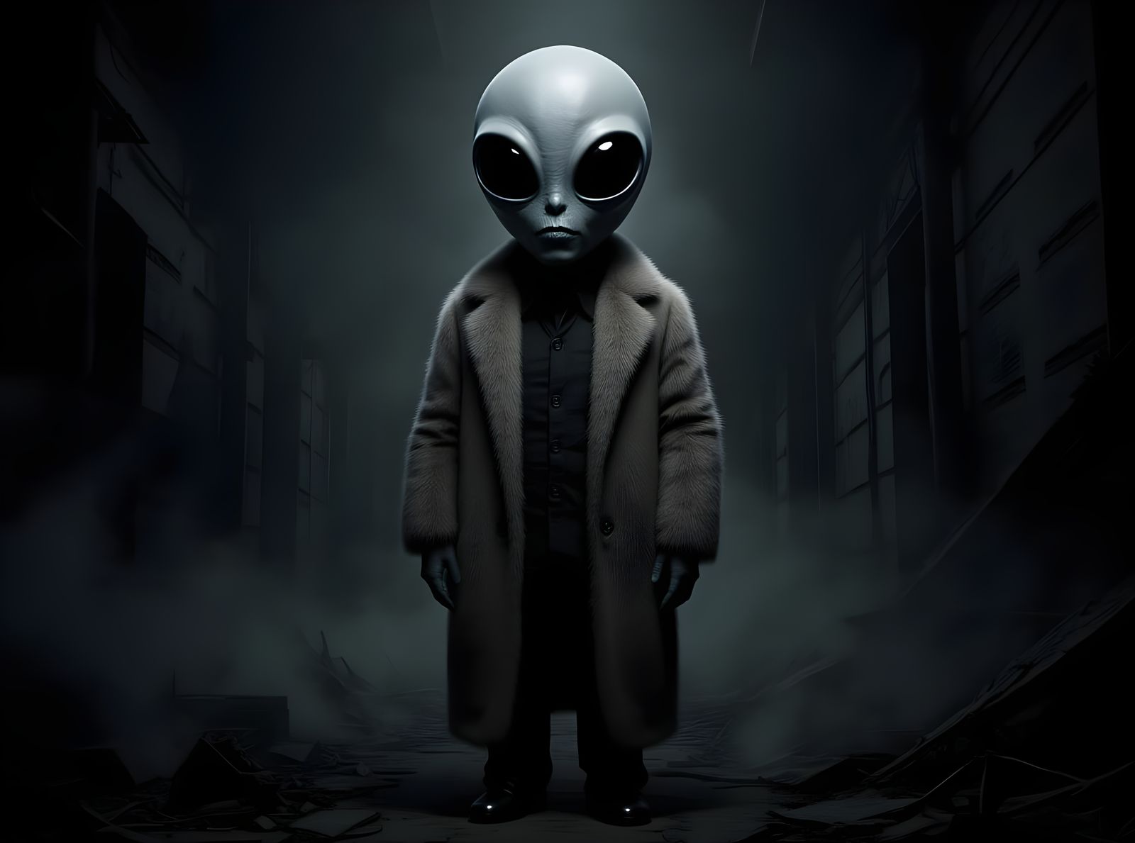 Stylish Grey Alien in Mink Coat Amidst Urban Decay