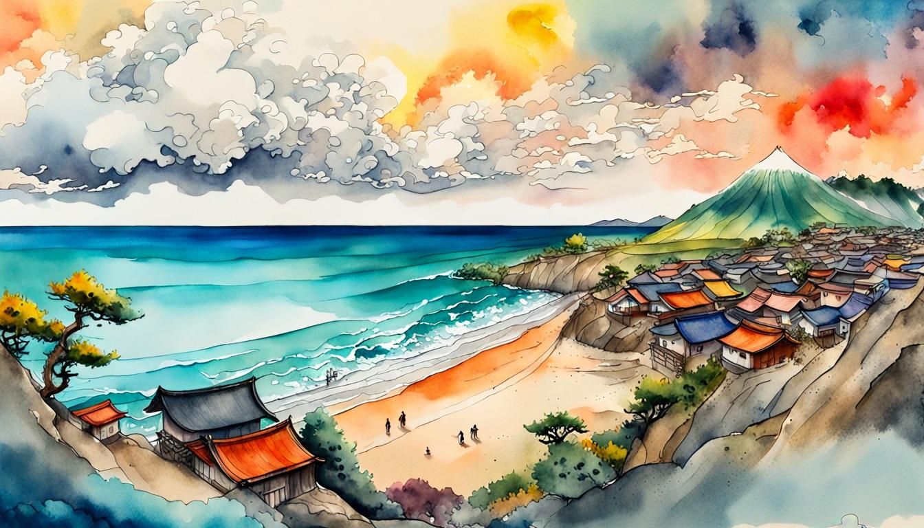 Tsunami Wave Approaching Fishing Village: Ukiyo-e Watercolor