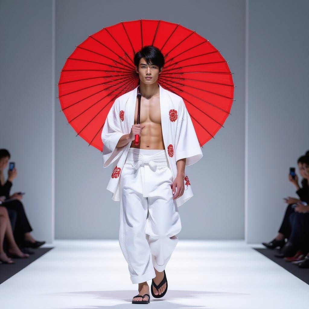 Japanese Man in Kimono Walks Runway in Hyperrealistic Style