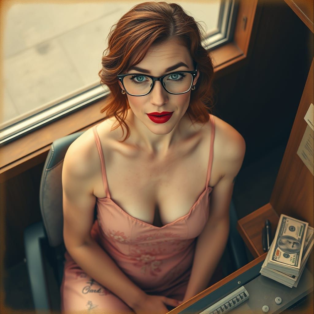 50-Year-Old Redhead Pin-up at Bank Counter in Art Nouveau St...