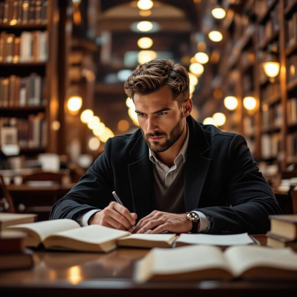 Handsome Man Studying in Dim Library, Photorealistic Cinemat...