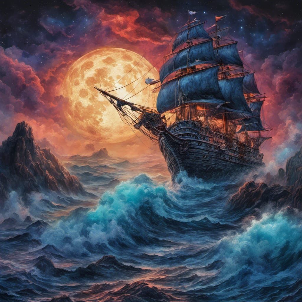 Mystical Pirate Ship Sailing Cosmic Seas in Gouache