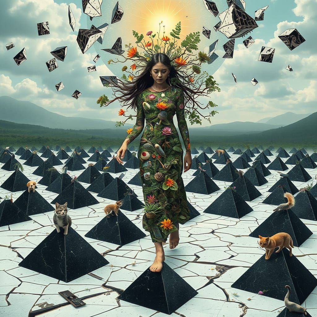 Surreal Mystical Woman Embodies Vibrant Ecosystems in Collag...
