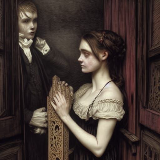 Victorian Children Before Burning Haunted House Woodcut