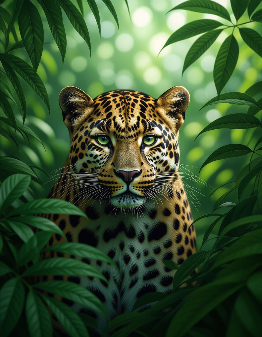 Leopard Camouflaged in Dense Jungle, Hyperrealistic 8k