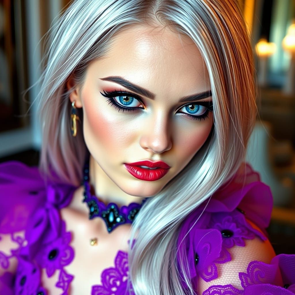 Gothic Beauty in Haute Couture, Long Silver Hair