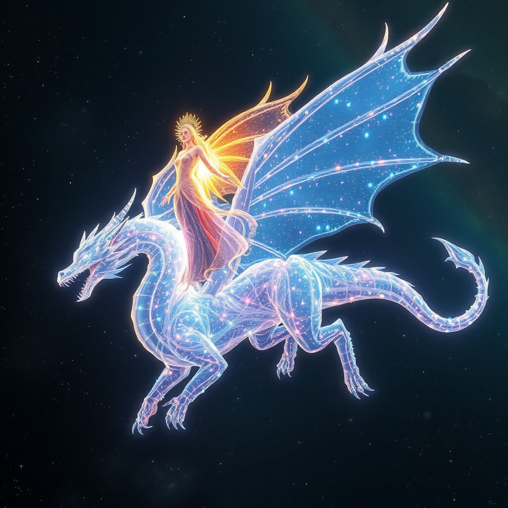 Ethereal Dragon and Goddess Soaring Through Galaxy