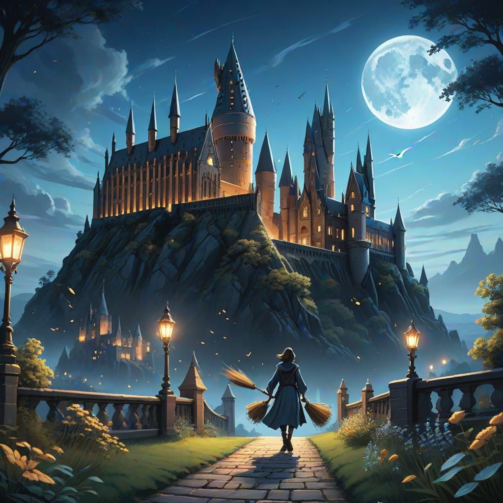 Magical Night Flight Around Hogwarts Castle