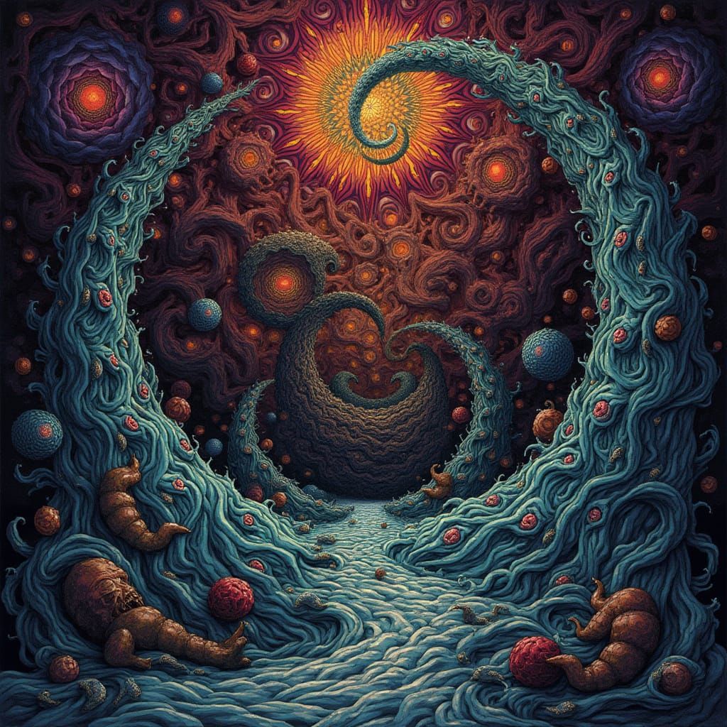 Psychedelic Creatures in Fractal Spiral: Zentangle Vector Ar...