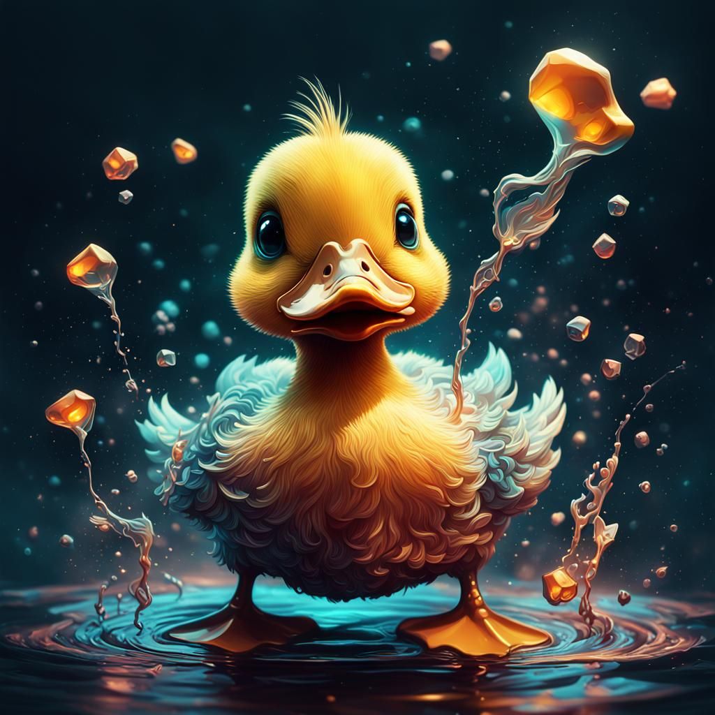 "stunning image of a cute adorable wacky duck, moody, grainy...