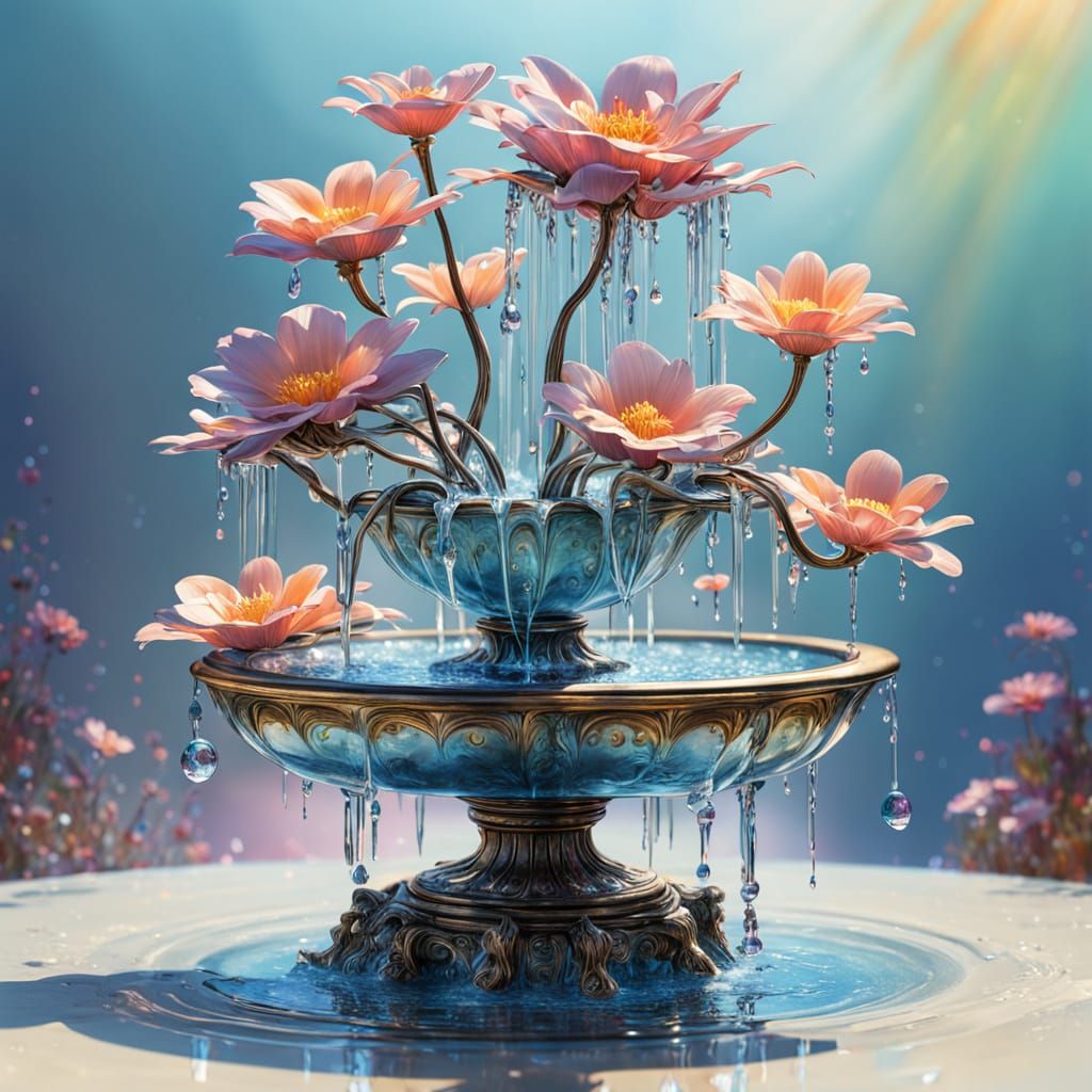 Surreal Dreamscape: Glass Fountain with Floral Internals