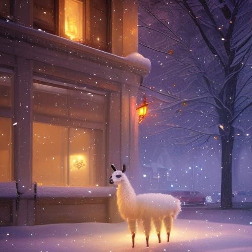 Llama in Snowy Christmas Night, Detailed Art