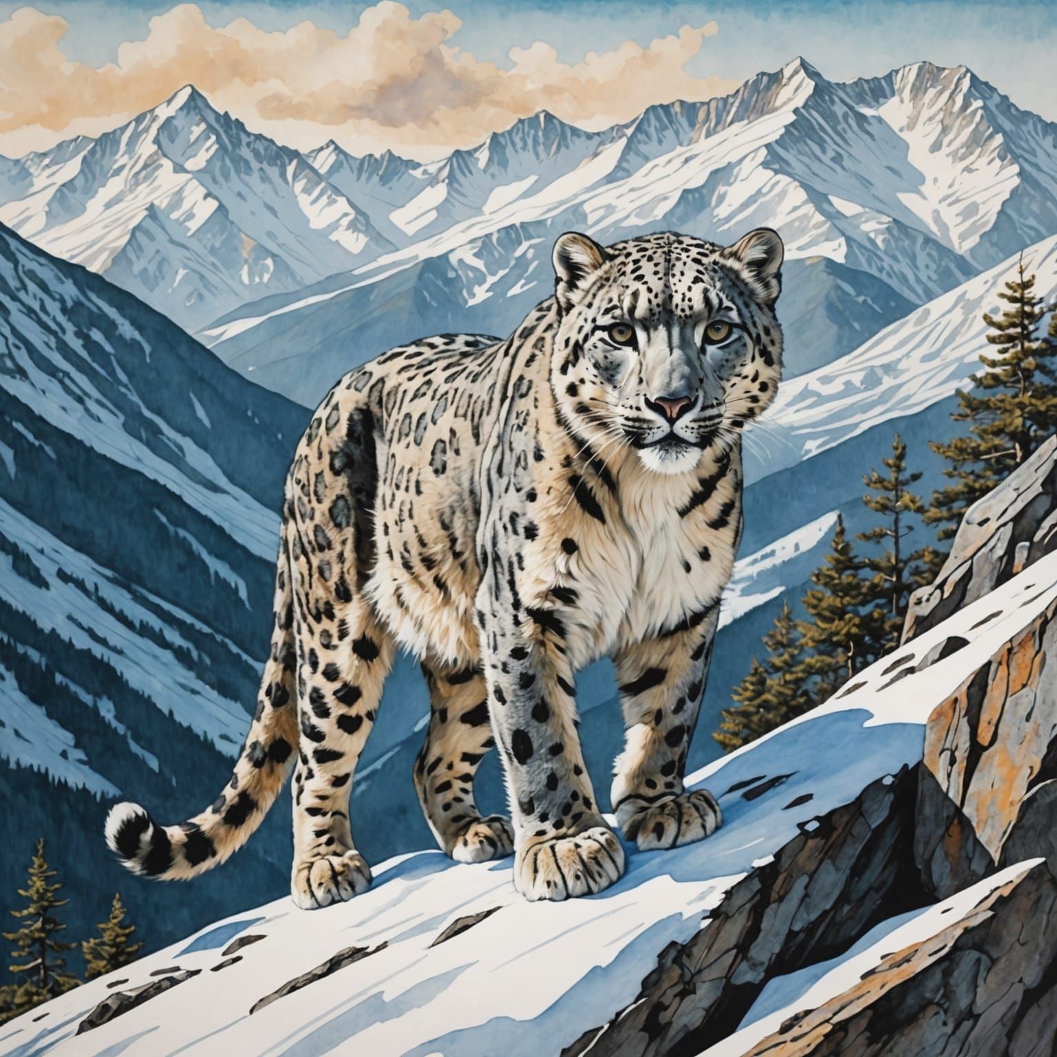 Snow Leopard in Mountains, Mixed Media Illustration