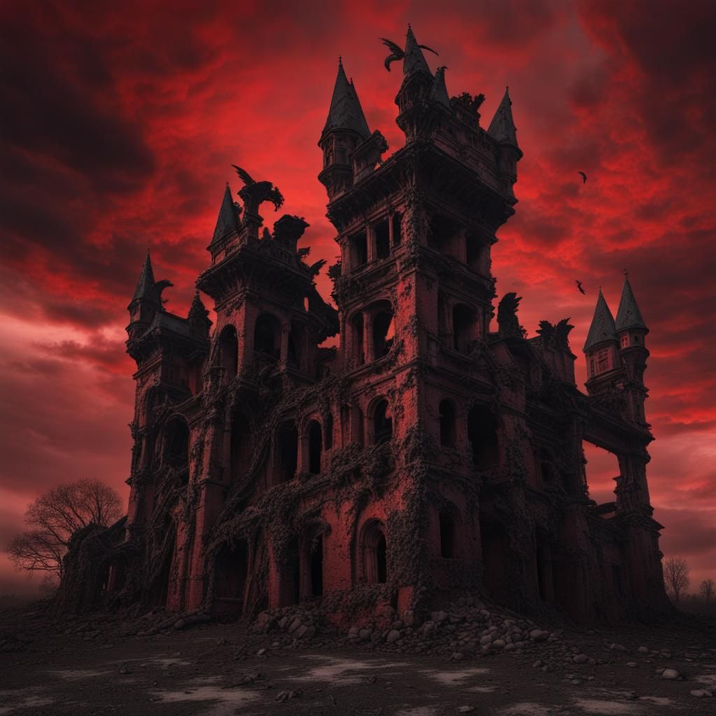 Decaying Castle with Gargoyles Under Red Sky