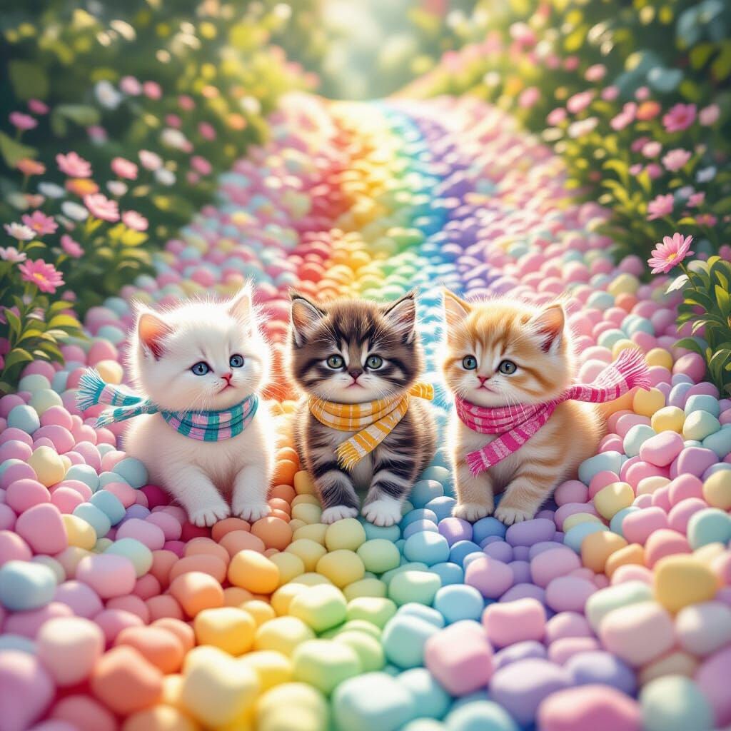 Kittens Slide Down Rainbow into Marshmallows: Fantasy Art