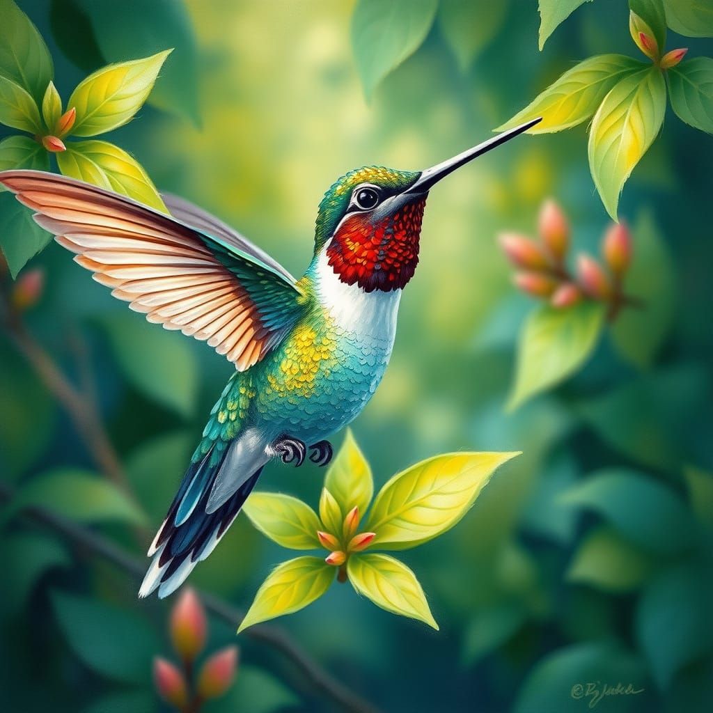 an iridescent hummingbird in a whimsical watercolor style oi...