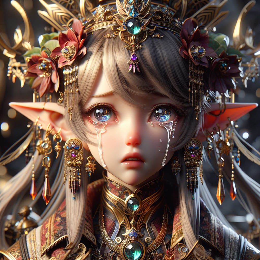 Crying Anime Elf Girl in Rich Fantasy Art