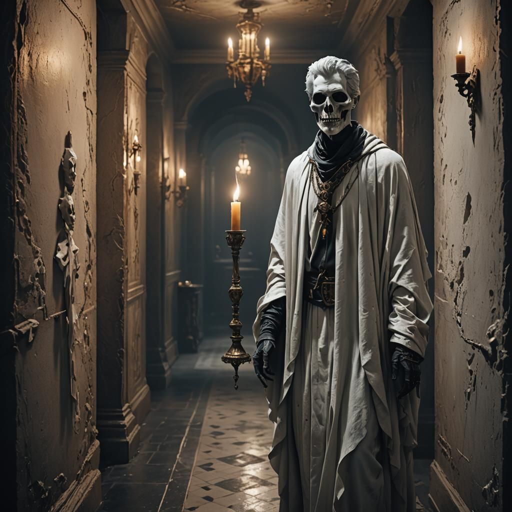 Ghostly Figure in Dark Corridor with Candlestick
