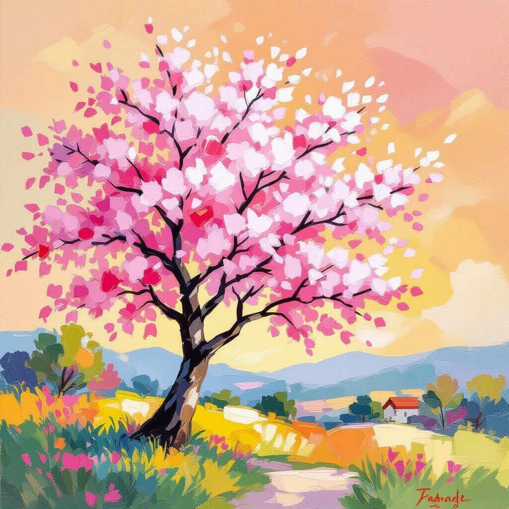 Pink Cherry Blossom Tree as Acrylic Painting