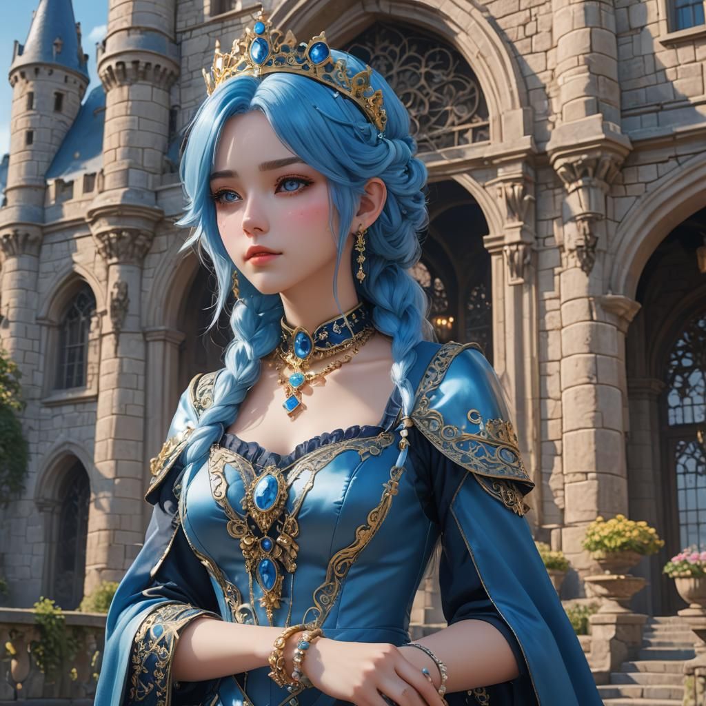Blue-Haired Princess in Castle: 3D Anime Art
