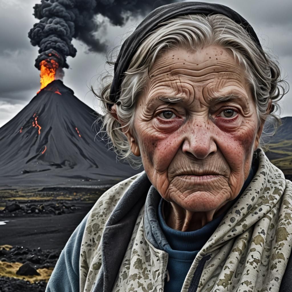 Hyperrealistic Grandmother with Icelandic Volcano