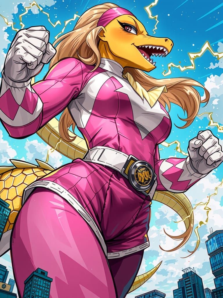 Giant Pink Crocodile Power Ranger Dominates Urban Landscape