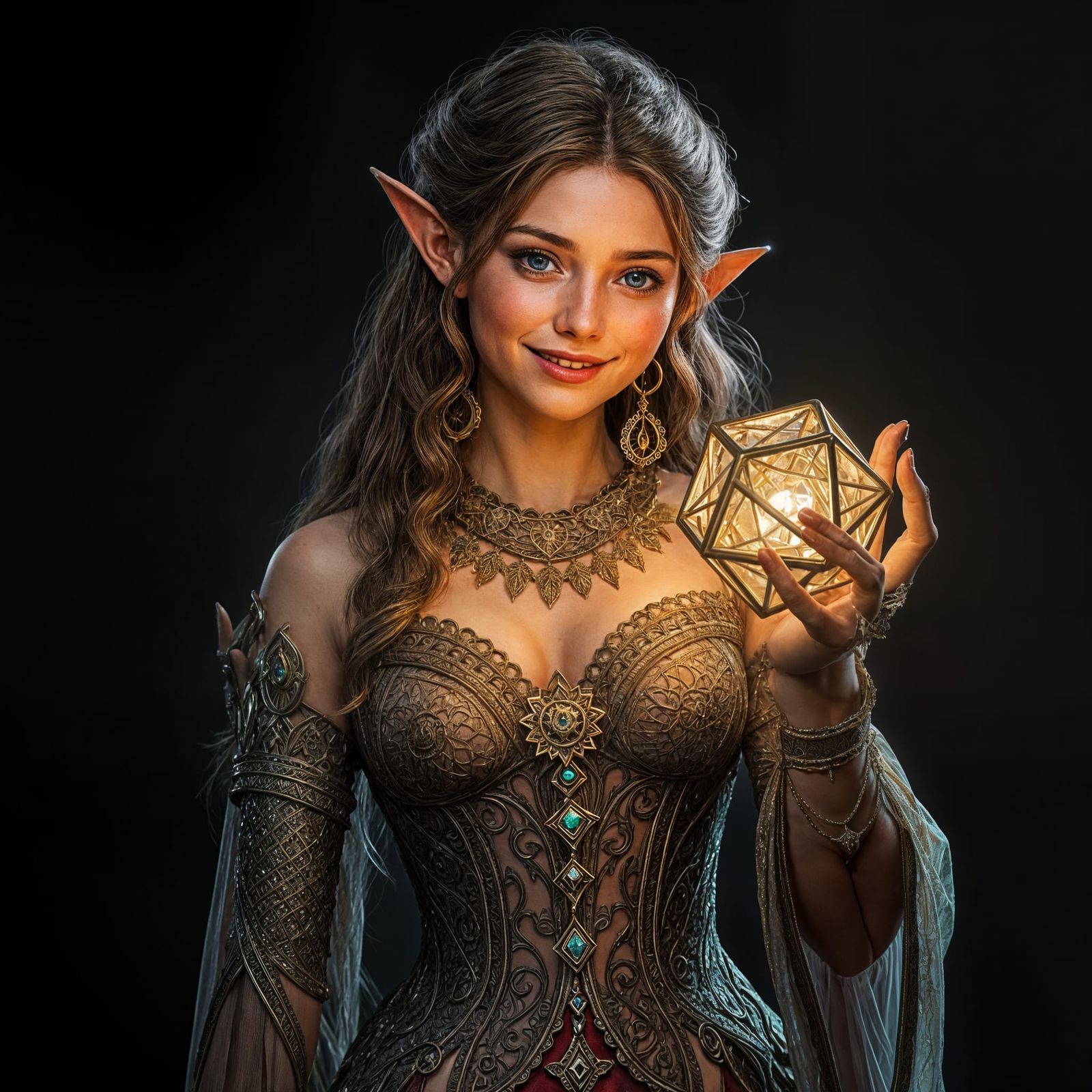 Ethereal Elf Goddess Holds Glowing Bronze Octahedron