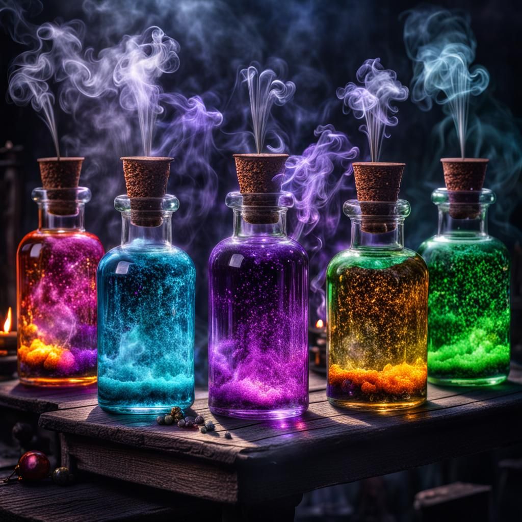 Mystical Witches Bench with Colorful Magic Potions