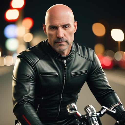 Handsome Biker in Red and Black Leather Suit