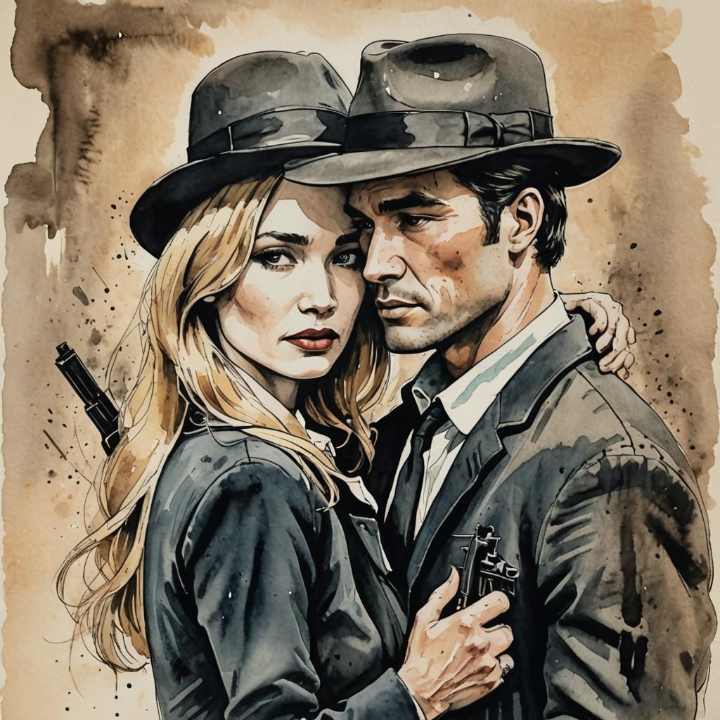 Bonnie and Clyde: Ink and Watercolor Portrait