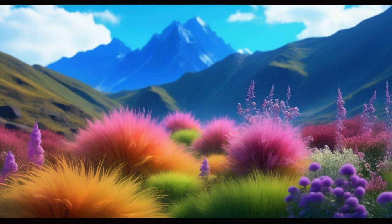 Enchanted Landscape of Whimsical Grasses and Flowers