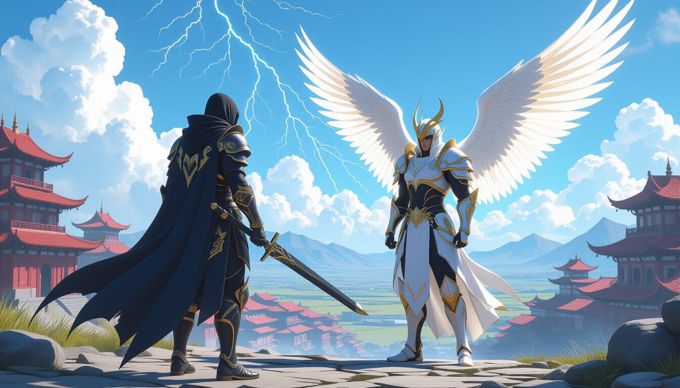 Ninja and Angel Battle Lightning God in Anime Style