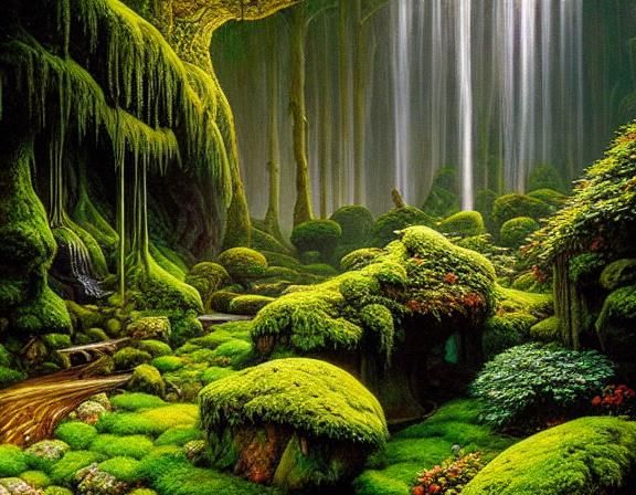 Elven Palaces in Mossy Caverns: Hyperdetailed Oil Painting