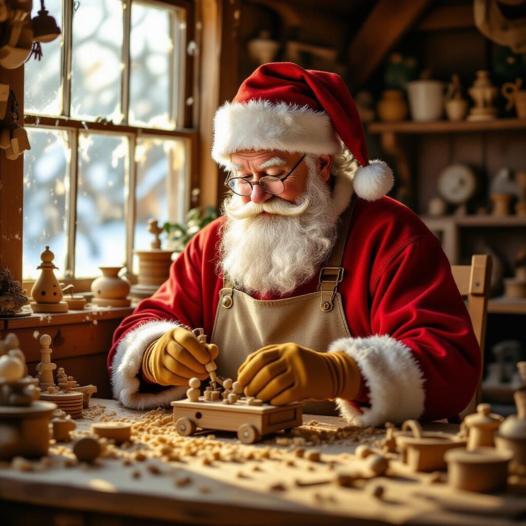 Santa Claus Crafts Wooden Toys in Cozy Workshop Oil Painting