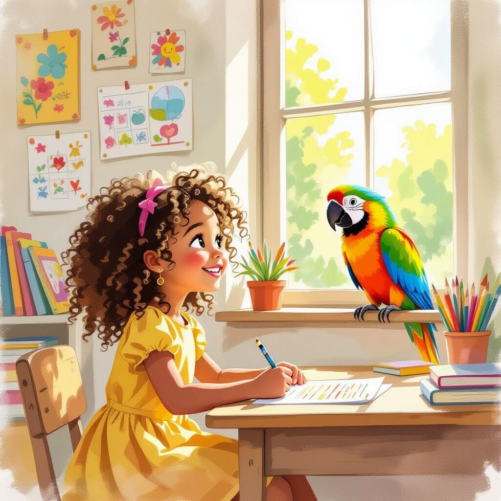 Girl and Parrot in Whimsical Watercolor Style
