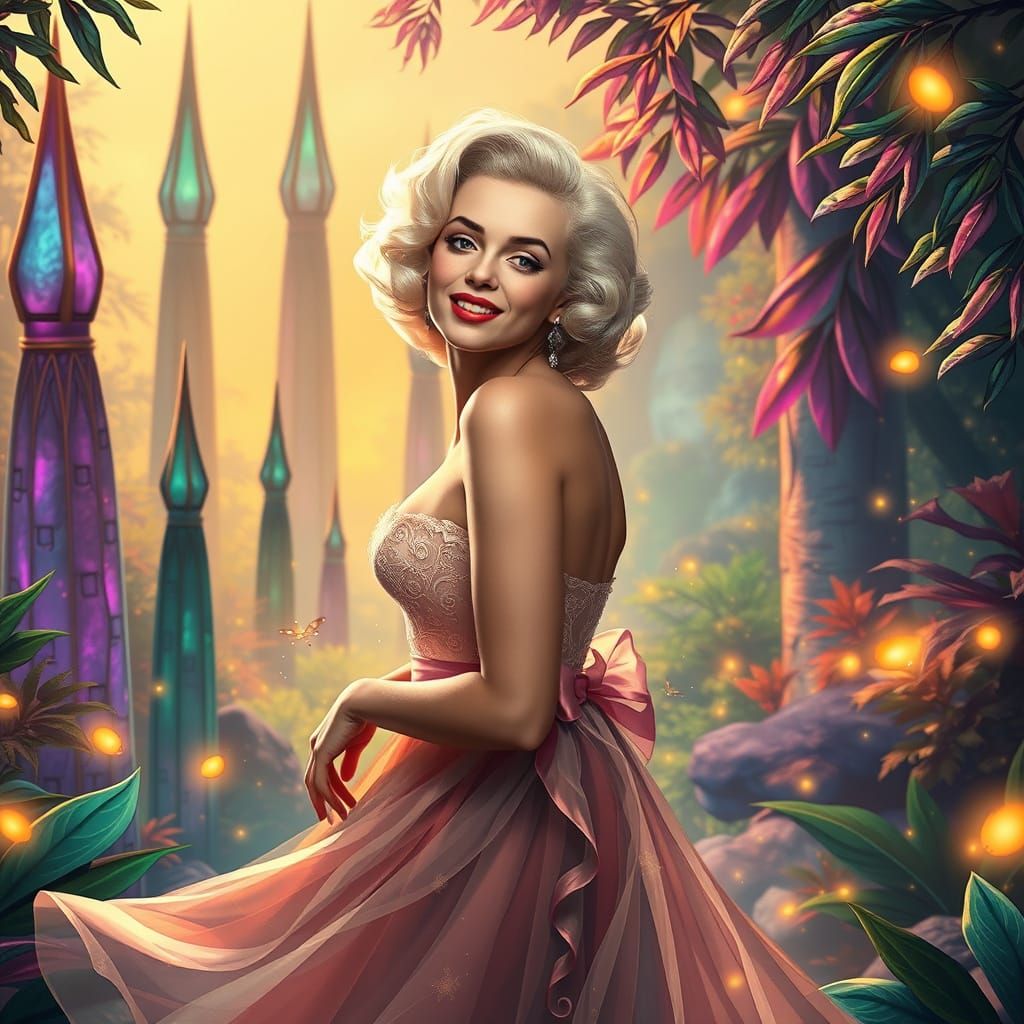 Enchanted Hollywood Goddess in Whimsical Landscape