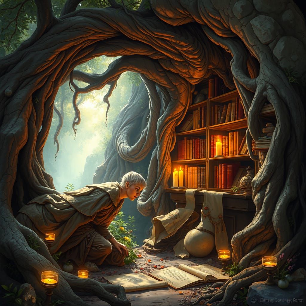 Sunlit Grotto with Druidess in Matte Painting Style