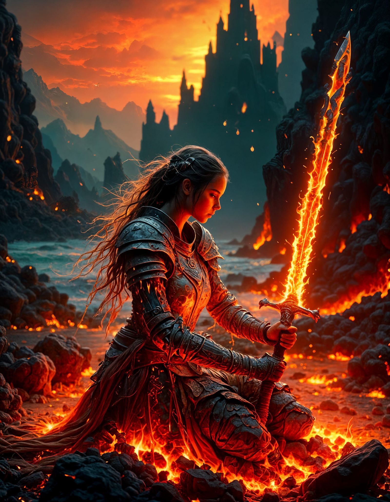 Warrior Maiden Praying with Lava Sword