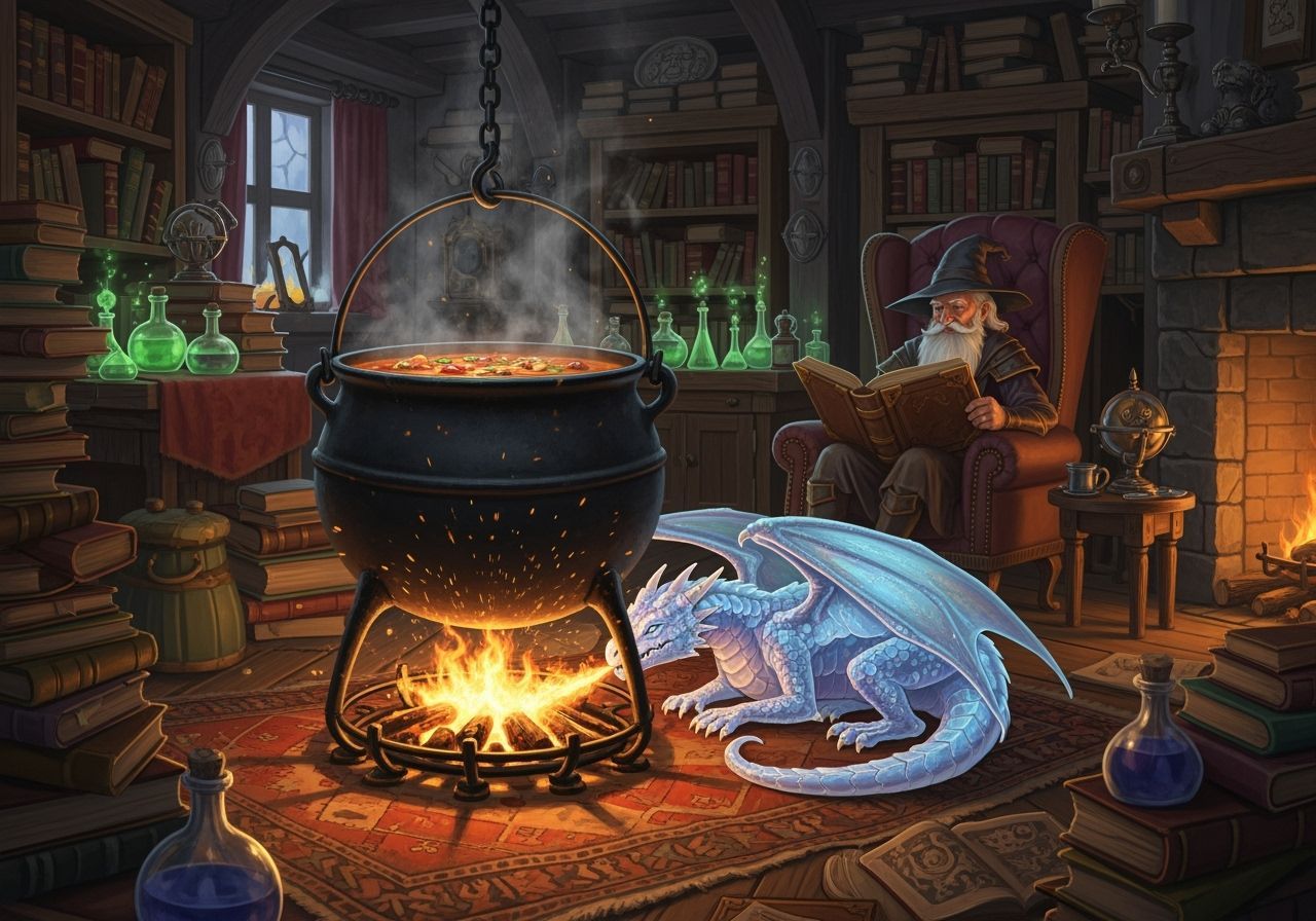 Wizard's Cozy Home with Dragon Cooking Stew